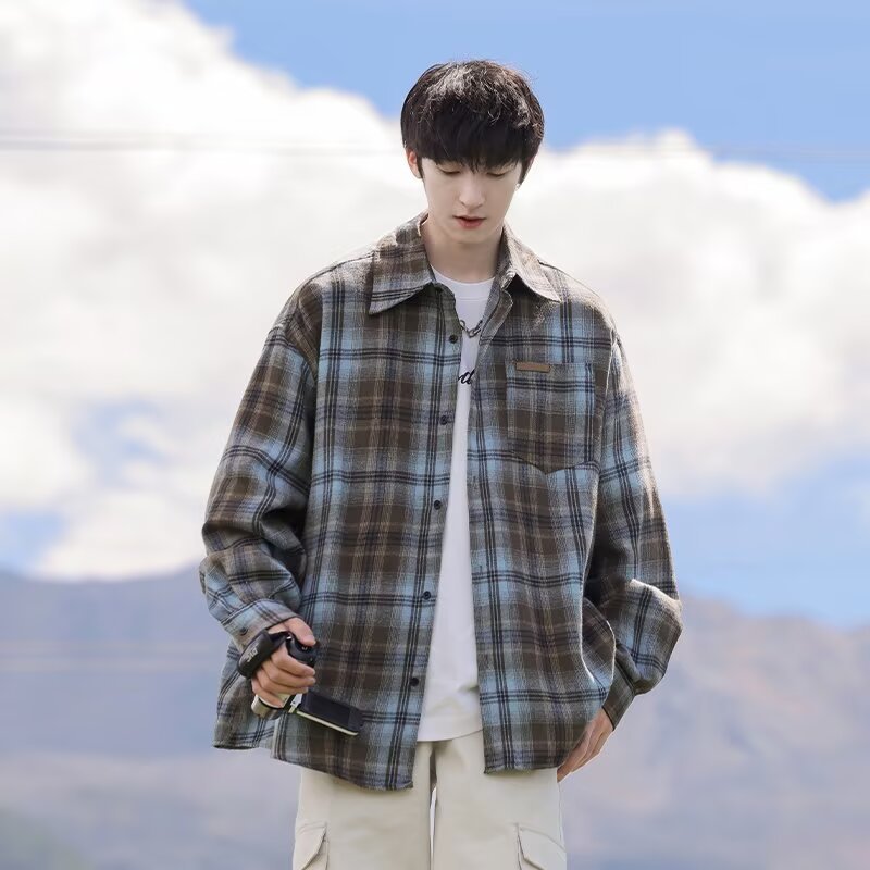 长袖衬衫，格子衬衫，男装